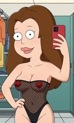 ai_generated american_dad ass bigmic145 breasts brown_hair female fishnets leotard lisa_silver long_hairsee-through nipple_pasties pasties see-through_clothes see-through_clothing selfie solo solo_female tease teasing