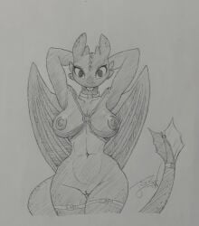 anthro anthrofied black_body breasts collar curvy_figure dragon dreamworks exposed_breasts female genitals hands_behind_back hands_behind_head hi_res how_to_train_your_dragon mythological_creature mythological_scalie mythology pussy raised_arm scalie stick tail teesyz_art tongue tongue_out toothless voluptuous vulva wide_hips wings