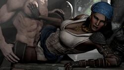 3boys 3d armor closed_eyes dark-skinned_female deathhandsfm dragon_age dragon_age_2 female isabela pirate rape spread_legs