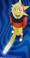 1boy blue_background fortnite glowing_penis high_angle hoodie hyper_penis jacket male no_pants penis shoes solo sunspot_(fortnite) vikifox_(artist)