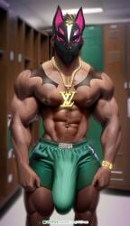 1boy alternative_skin_color alternative_version bracelet drift_(fortnite) fortnite fortnite:_battle_royale gym hair hyper hyper_bulge locker_room louis_vuitton male male_only mask masked masked_male muscular muscular_male necklace photobashing piercing shorts solo tattoo vikifox_(artist)