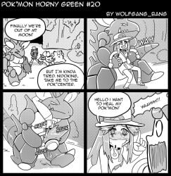 1girls blowjob carrying carrying_partner clefairy comic english_text fellatio female hat held ivysaur leaf_(pokemon) monochrome nidoking nurse_joy pokemon pokemon_frlg pokephilia speech_bubble text upside-down wolfgang_bang