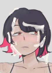 azazelinp blush brown_eyes cum cum_on_face cum_on_hair dark_hair dripping dripping_semen ellen_joe facial half-dressed kuudere messy orange_eyes red_eyes red_hair short_hair sperm sweaty white_skin zenless_zone_zero