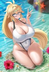 1girls big_breasts blonde_hair blue_eyes breasts busty cleavage clothing fate/grand_order fate_(series) female female_only flower glasses huge_breasts jeanne_d'arc_(fate) jeanne_d'arc_(swimsuit_archer) kneeling large_breasts light-skinned_female light_skin long_hair looking_at_viewer luunamito nipple_bulge on_knees one-piece_swimsuit outdoors painted_nails png solo swimsuit thick_thighs wide_hips