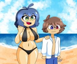 beach blue_eye blue_hair brown_hair fhs fhsz3r0 fnafhs fnafhs_z3ro fnafhsrule34 fnafhsxxx green_eyes heterochromia iori_licea loon_(fnafhs) red_eye smaller_male swimsuit taller_girl usagi_(fnafhs) usagi_bon