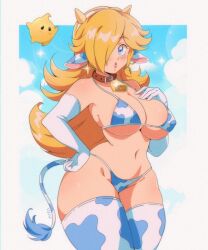 1girls animal_ears animal_print bell bikini blonde_hair blue_bikini blue_eyes blue_sky blue_thighhighs blush border breasts cleavage collar commentary cow_ears cow_girl cow_print cow_print_bikini cow_print_thighhighs cow_tail cowboy_shot earrings elbow_gloves female gloves hair_over_one_eye hand_on_own_chest hand_on_own_hip highres horns jewelry large_breasts long_hair luma mario_(series) navel neck_bell nintendo one_eye_closed outside_border parted_lips princess_rosalina print_bikini print_thighhighs red_collar side-tie_bikini_bottom sky solo standing stomach swimsuit tail thighhighs vizaz white_border white_gloves