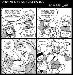 1girls 2boys abra blue_oak charmander comic defeated english_text female gay hat hypnosis leaf_(pokemon) male monochrome pokemon pokemon_frlg pokephilia sex speech_bubble text wolfgang_bang yaoi