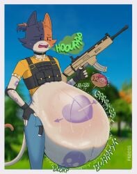 1girls anthro anthro_only belly belt belt_buckle big_belly black_eyes black_fingerless_gloves black_gloves brown_body brown_fur burp burping calico_cat cat_ears cat_tail cate_meowdy_(fortnite) catgirl collar domestic_cat dot_eyes epic_games felid feline female fortnite fortnite:_battle_royale fur furry furry_female furry_only glistening glistening_body hair handgun handwear mammal multicolored_body multicolored_fur navel open_mouth pkdoss ponytail purple_body raised_tail simple_eyes solo stomach_noises stomach_tattoo tan_body tan_fur vore vore_belly weapon