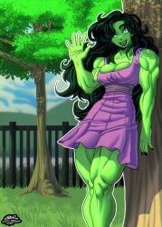 1girls artist_signature big_breasts breasts busty cleavage crimsonrld dress female green_eyes green_hair green_skin hulk_(series) jennifer_walters leaning_against_tree marvel marvel_comics muscular muscular_female purple_dress she-hulk waving