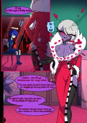 big_breasts blue_hair cigarette_holder comic dialogue fur-trimmed_jacket fur_coat hazbin_hotel hourglass_figure purple_skin rule_63 tagme thin_waist usagi_star valentino_(hazbin_hotel) white_hair
