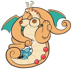 after_sex antennae_(anatomy) anthro big_breasts blush bodily_fluids breasts cum cum_in_vagina cum_inside cum_string dragonite duo erection female generation_1_pokemon generation_2_pokemon generation_6_pokemon genital_fluids genitals goodra hi_res holding_leg hybrid kairyu_(character) larger_female laying_on_tail male male/female nintendo nude penis pokemon pokemon_(species) pussy scalie size_difference slightly_chubby smaller_male tail totodile trout_(artist) vaginal_penetration
