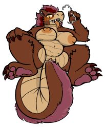 anthro bear belly big_breasts blush breasts dragon ear_piercing facial_piercing female forked_tongue genitals hi_res hybrid lying mammal masturbation mythological_creature mythological_scalie mythology nose_piercing on_back pawpads paws penetration piercing pussy scalie slightly_chubby solo tail tail_fetish tail_in_vagina tail_insertion tail_masturbation tail_play teeth tongue tongue_out trout_(artist) vaginal_penetration vulva