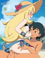 1boy 1girls beach bikini blonde_female blonde_hair blonde_hair_female bracelet breasts cowgirl_position cynthia_(pokemon) cynthia_(summer_2025)_(pokemon_masters) exposed_breasts female happy_female happy_sex hat male mbhen114 on_back on_beach on_ground pokemon pokemon_(anime) pokemon_dppt pokemon_dppt_(anime) pokemon_masters pokemon_masters_ex pussy sand satoshi_(pokemon) sex smile spellcaster_knight straw_hat swimsuit vaginal_insertion vaginal_penetration vaginal_sex wrist_grab