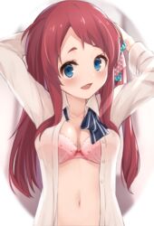 1girls blue_eyes bra breasts female minamoto_sakura open_shirt pink_bra red_hair ribbon solo zombie_land_saga