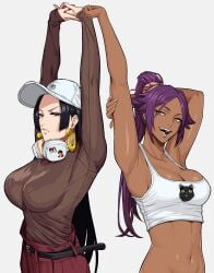 2girls arms_above_head baseball_cap big_breasts black_hair black_hair_female bleach boa_hancock breasts busty closed_mouth crossover dark-skinned_female dark_skin duo earrings female female_only light-skinned_female light_skin long_hair long_hair_female long_sleeves midriff mikeypieart one_piece open_mouth ponytail purple_hair purple_hair_female shihouin_yoruichi stretching tank_top white_background