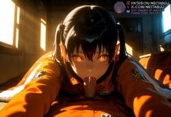 1boy ai_generated back black_hair blush cowgirl_position cup day ear_piercing earrings enen_no_shouboutai erection fellatio female hair_between_eyes indoors jacket jewelry kotatsu kotatsu_tamaki light_rays long_hair long_sleeves looking_at_viewer lying lying_on_person male_pubic_hair meitabuu on_stomach open_fly oral orange_eyes orange_jacket penis penis_out piercing pov pov_crotch saliva solo_focus stealth_sex straight sunbeam sunlight table television twintails uncensored under_kotatsu under_the_table veins veiny_penis window
