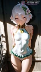 ai_generated antenna_hair arm_tattoo armlet arms_behind_back bare_shoulders blush breasts cameltoe casual_one-piece_swimsuit closed_mouth covered_navel cowboy_shot day elf female flower frilled_one-piece_swimsuit frills groin hair_between_eyes hair_flower hair_ornament highleg highleg_swimsuit jewelry kokkoro_(princess_connect!) legs_together looking_at_viewer meitabuu neck_ring one-piece_swimsuit outdoors pink_eyes pointy_ears princess_connect! railing shadow short_hair shoulder_tattoo small_breasts smile solo standing sunlight swimsuit tattoo thighs white_flower white_hair white_one-piece_swimsuit