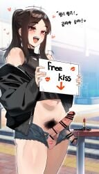 1boy brown_hair cutoffs erection femboy hotpants in_ya1111 jean_shorts lipstick_mark lipstick_on_penis long_hair midriff open_clothes open_clothing open_shorts pubic_hair red_eyes short_shorts shorts