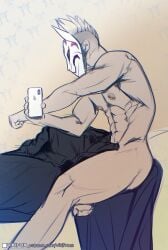 1boy armpits blanket drift_(fortnite) fortnite fortnite:_battle_royale iphone male male_only masked masked_male muscular muscular_male nipples piercing selfie sitting solo vikifox_(artist) white_phone