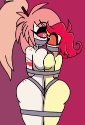 2girls arms_behind_back big_breasts breasts breasts_pressed_against_each_other cherri_bomb cyclops damsel_in_distress demon demon_girl demon_girls demoness demonesses demons duo female gag gagged hair hazbin_hotel hellaverse jackattack1324 naked niffty nude one_eye pink_hair ponytail red_hair tied_together tied_up