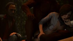 3boys 3d areolae biting_finger breasts brown_hair cowgirl_position dark-skinned_male dark_image deathhandsfm doggy_style double_penetration far_cry far_cry_3 female liza_snow nipples partially_clothed rape