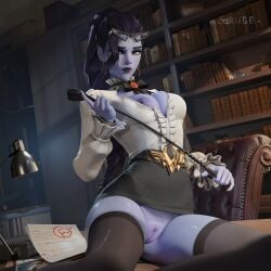 3d absurdres academic_test alternate_costume artist_name bdsm black_bow black_bowtie black_choker black_skirt black_thighhighs blender_(medium) bondage book bookshelf bow bowtie breasts breasts_out brooch cakiibb chair choker cleavage cleft_of_venus colored_skin commentary desk desk_lamp dominant domination earrings english_commentary exposed_pussy female femdom frilled_choker frills glasses hair_over_one_eye high-waist_skirt high_ponytail highres holding holding_whip indoors jewelry lamp leather_chair long_hair long_sleeves looking_at_viewer medium_breasts miniskirt nianbingzi nipples no_panties on_desk orange_eyes overwatch overwatch_2 pencil_skirt photoshop_(medium) ponytail principal_lacroix purple_hair purple_lips purple_skin pussy shirt sitting skindentation skirt solo test_score thighhighs thighs white_shirt widowmaker yellow_eyes