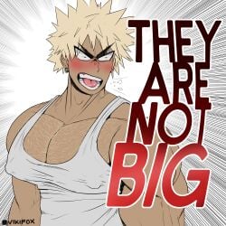 1boy angry angry_face bakugou_katsuki blonde_hair blush body_hair chest_hair gay katsuki_bakugou male my_hero_academia nipple_bulge nipples_visible_through_clothing solo tank_top tight_clothing vikifox_(artist) yelling