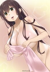 1girls are_you_okay_with_a_slighty_older_girlfriend artist_name bare_shoulders breasts brown_eyes brown_hair choppiri_toshiue_demo_kanojo_ni_shite_kuremasu_ka?_~suki_ni_natta_jk_wa_27_deshita~ clavicle cleavage colored covering_breasts covering_pussy female female_only gaston18 groin huge_breasts human lips long_hair looking_up multicolored multicolored_background nanase_meruchi nude original orihara_kisaki pink_background raised_eyebrows signature solo text towel watermark wide_hips yellow_background