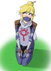 1boy alternate_costume alternate_hairstyle androgynous balls blonde blonde_hair blue_eyes blush blushing bodysuit breath_of_the_wild bulge canon_crossdressing clothing crossdressing cum cum_in_mouth embarrassed eyelashes femboy femboy_only flaccid fully_clothed girly grass hair_bun hairpin highres hylian kneeling link link_(breath_of_the_wild) looking_away male mask navel penis penis_in_bodysuit penis_under_clothes pointy_ears sealguy sheikah_link short_hair sissy sissyfication small_balls small_penis small_testicles solo stealth_chest_guard stealth_mask stealth_tights testicles the_legend_of_zelda video_game video_games white_background