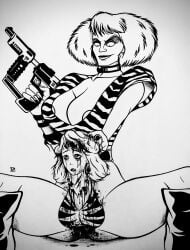 80s_hair balls beheaded big_balls big_breasts big_cock blood blood_dripping breasts cock evil_smile faye_grant female futa/female futanari gore guro head_fucking holding_head intersex juliet_parrish laser_gun leotard madamesam mary_kruger nipples_visible penis sybil_danning v_the_series villain_dom villain_on_heroine villain_win