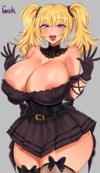 1girls ani_(twitter) blonde_hair breasts dress female female_focus grok_(x) grok_(xai) large_breasts light-skinned_female light_skin looking_at_viewer pussy ruilumen simple_background thick_thighs thighs twintails twitter