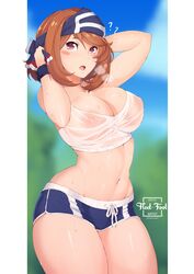 1girls ? abs absurdres areolae arms_up ass belly big_ass big_breasts blush booty_shorts breasts cleavage female female_only fleet-foot highres human large_breasts looking_at_viewer midriff my_hero_academia navel nipples no_bra ochako_uraraka open_mouth outdoors see-through shirt shorts solo sweatband text thick_thighs voluptuous watermark wet wet_clothes wet_shirt white_border wide_hips