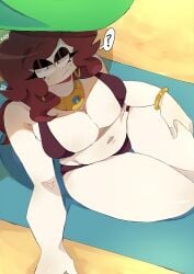 2023 ania_chanuwu beach beach_umbrella belly_button big_breasts bikini breasts carmen_(spooky_month) chubby_female female hips hips_wider_than_shoulders jewelry looking_at_viewer milf necklace neutral_expression question_mark speech_bubble spooky_month thick_hips thick_thighs