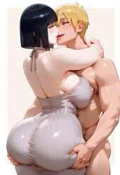1boy 1girls age_difference ai_generated ass ass_focus ass_grab black_hair boruto:_naruto_next_generations breast_press breasts dongtan_dress erect_nipples face_to_face female haze911 hug huge_ass huge_breasts hyuuga_hinata kissing looking_at_another male milf mother mother_and_son naruto naruto_(series) thick_thighs uzumaki_boruto wide_hips