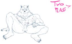 anthro anus balls canine erection feet fluffy fur humanoid_penis kyr lying male male_only mammal muscular neck_tuft nipples nude penis pink_nipples place presenting simple_background smile solo spread_legs spreading tuft twoplace white_background white_fur wolf