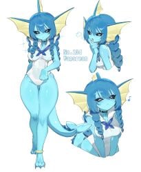 1girls 3_fingers 3_toes anthro black_sclera blue_hair braided_hair choker eeveelution eyelashes female female_only fins full_body generation_1_pokemon hi_res looking_at_viewer nintendo pearl_anklet pokemon pokemon_(species) smiling smiling_at_viewer solo tail thick_thighs toge77789 togetoge vaporeon white_background white_eyes