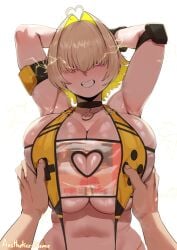 aestheticc-meme armpits arms_behind_head bikini blonde_hair breasts cleavage cleavage_cutout clothing_cutout collar electricity elegg_(boom_and_shock)_(nikke) elegg_(nikke) female goddess_of_victory:_nikke groping hair_intakes hair_over_eyes heart highres huge_breasts oerba_yun_fang purple_eyes short_hair slingshot_swimsuit swimsuit yellow_bikini yellow_slingshot_swimsuit