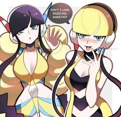 2girls black_hair blonde_hair blue_eyes cleavage clothed elesa_(pokemon) elesa_(pokemon_bw) elesa_(pokemon_bw2) english_text pokemon pokemon_trainer skintight slim_waist touyarokii wide_hips
