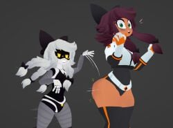 2girls ass_slap bow buckteeth cyn_(murder_drones) female female_only freckles glitch_productions green_eyes murder_drones raynbowfuck slapping_ass slapping_butt surprised surprised_expression tessa_elliot vrchat