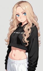 1girls ai_generated black_hoodie blonde_hair blue_eyes crop_top_overhang first_porn_of_character katie_(kosine1777) kosine1777 kosineverse midriff oc original_character pants sweatpants white_pants