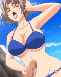 1boy animated animated bikini blue_bikini blue_eyes bouncing_breasts breasts brown_hair censored female handjob large_breasts licking penis saliva stitched straight swimsuit third-party_edit tsugou_no_yoi_sex_friend? yanagi_ryouko