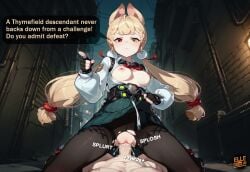 1boy 1girls ai_generated alice_thymefield animal_ears blonde_hair breasts bunny_ears button_down_shirt cowgirl_position cum_in_pussy dialogue dialogue_bubble elledoesai exposed_breasts exposed_pussy female fingerless_gloves frown heterochromia kneeling looking_at_viewer male male/female male_pov partially_clothed pleated_skirt pointing pussy pussy_juice red_eye skirt_lift thick_thighs thighs torn_pantyhose twintails vaginal_penetration yellow_eye zenless_zone_zero