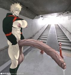 1boy bakugou_katsuki blonde_hair croptop foreskin hair hyper hyper_penis latex male muscular muscular_male nipples piercing public public_exposure public_indecency public_nudity socks solo vikifox_(artist)