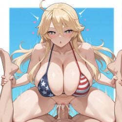 ai_generated amazon_position american_flag_bikini bikini blonde_hair blue_eyes cowgirl_position cum cum_in_pussy cum_inside huge_balls huge_breasts huge_cock iowa_(kantai_collection) kantai_collection kao140522 long_hair looking_at_viewer motion_lines pov pussy star-shaped_pupils vagina