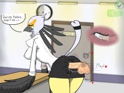 aggretsuko anal_through_skirt anthro ass avian avian_humanoid bird clothed_sex clothes_as_condom clothing cum_in_ass disembodied_penis eyes_closed fucked_through_clothes fucked_through_skirt male office office_lady office_sex penis secretary_bird sex_through_clothes sfx washimi x-ray