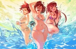 3girls ;d ahoge arm_behind_back arm_behind_head arm_up armpit armpits arms ass bangs bare_arms bare_legs bare_midriff bare_shoulders beach bikini blizzard_entertainment breasts brown_eyes brown_hair cleavage closed_eyes cloud cloudy_sky collarbone cowboy_shot curvy cute d.va drone facepaint facial_mark female female_only fingernails floating freckles glasses hair_bun hair_ornament hair_stick hand_up happy harness highres hips large_breasts leg_up legs lips long_fingernails long_hair looking_at_viewer machinery medium_breasts mei_(overwatch) midriff multiple_girls nail_polish narrow_shoulders navel ocean one_eye_closed open_mouth overwatch partially_submerged pink_lips pink_nails plump polka_dot polka_dot_bikini robot rtil short_hair side-tie_bikini skindentation sky small_breasts smile snowball_(overwatch) splashing standing standing_on_one_leg stomach strap_gap string_bikini striped striped_bikini swept_bangs swimsuit teeth thick thick_legs thick_thighs thin_arms thin_waist tongue tracer v very_long_hair water whisker_markings wide_hips wink