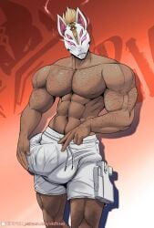 1boy body_hair drift_(fortnite) fortnite fortnite:_battle_royale glowing_eyes gun hair holster holstered_weapon hyper hyper_bulge hyper_penis male male_only mask masked masked_male muscular muscular_male nipples pants_bulge penis penis_bulge piercing red_background solo vikifox_(artist) wrapped_penis