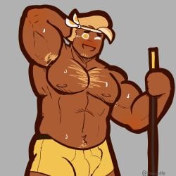 abs anxious bara blonde_hair blush broomstick cookie_run cookie_run_ovenbreak devsisters hairy_armpits headband holding_object muscles pecs pubic_hair sauna_egg_cookie shirtless smile smiling_at_viewer solo sweating sweating_male underwear yellow_eyes