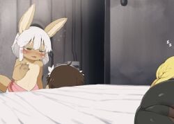 1boy 2girls animal_ears animal_tail bed bedroom blonde_hair blush braid brown_hair dagasi female fur furry furry_female grey_hair long_ears long_hair lying lying_on_bed made_in_abyss male multiple_girls nanachi on_bed open_mouth open_smile pointy_ears reg_(made_in_abyss) riko_(made_in_abyss) short_hair sitting tail twin_braids twintails white_hair