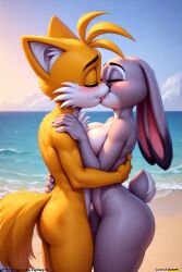 ai_generated beach_background blush breasts canid canine crossover crossover_kiss crossover_shipping disney female fox grey_fur hug hugging judy_hopps kissing lagomorph leporid male male/female mammal naked nude orange_fur rabbit romantic_couple sega sonic_(series) sonic_the_hedgehog_(series) tails tails_the_fox zootopia